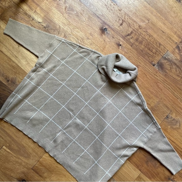 Loft Camel Tan Windowpane Cotton Boxy Cowl Turtleneck Sweater size L - Picture 7 of 13